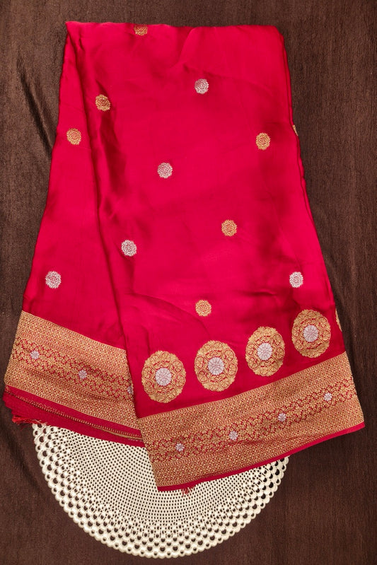 Red Semi Mashru Silk Sarees With Unstiched Blouse