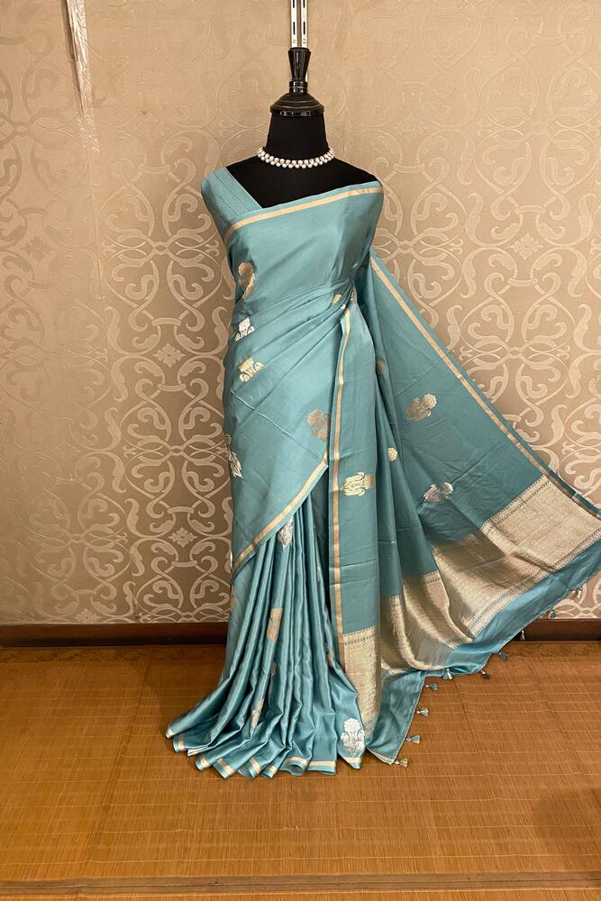 Light Blue Mashru Silk Banarasi Handloom Saree, With Unstiched Blouse