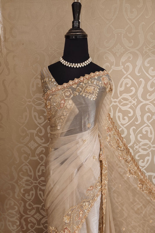 Off-White Soft Tissue Organza Silk Embroidery Saree, With Unstiched Blouse