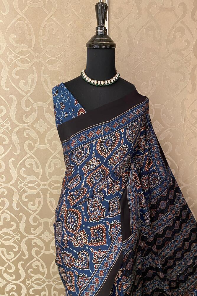 Blue Pure Modal Silk Ajrakh Printed Saree With Unstiched Blouse