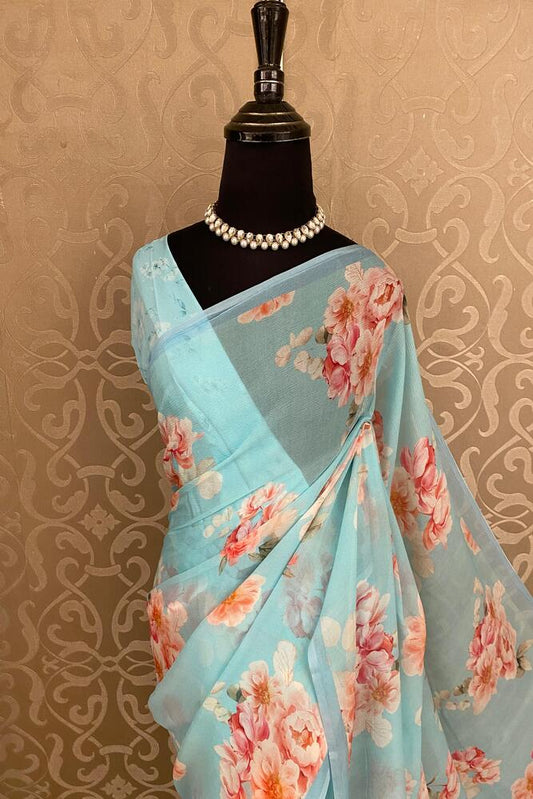 Sky floral printed chiffon saree with unstiched blouse piece for party wear, by Saarang Sarees, featuring elegant floral design.