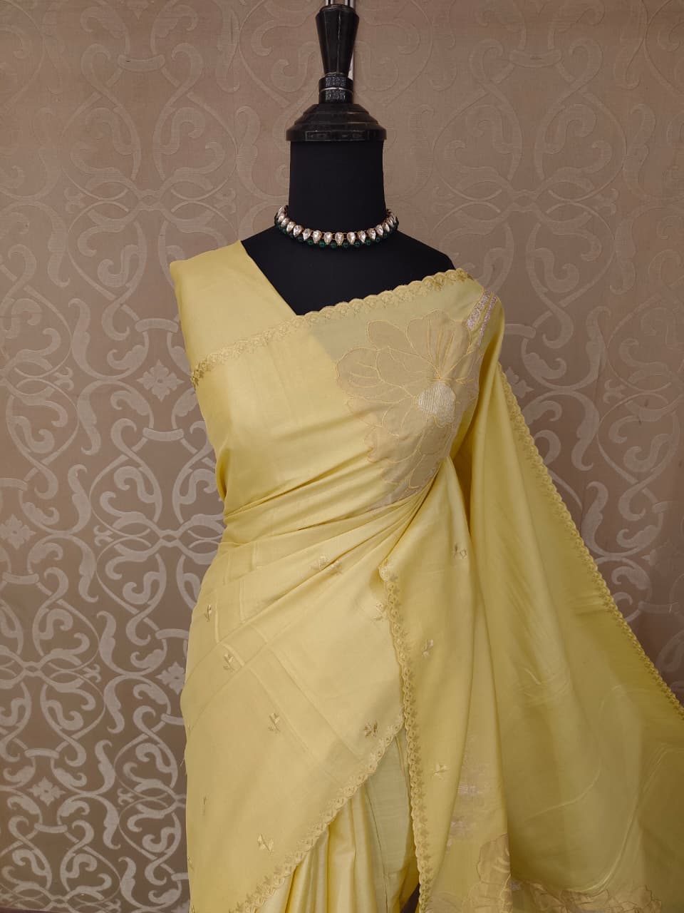 Yellow Tussar Applique Work Saree, With Unstiched Blouse