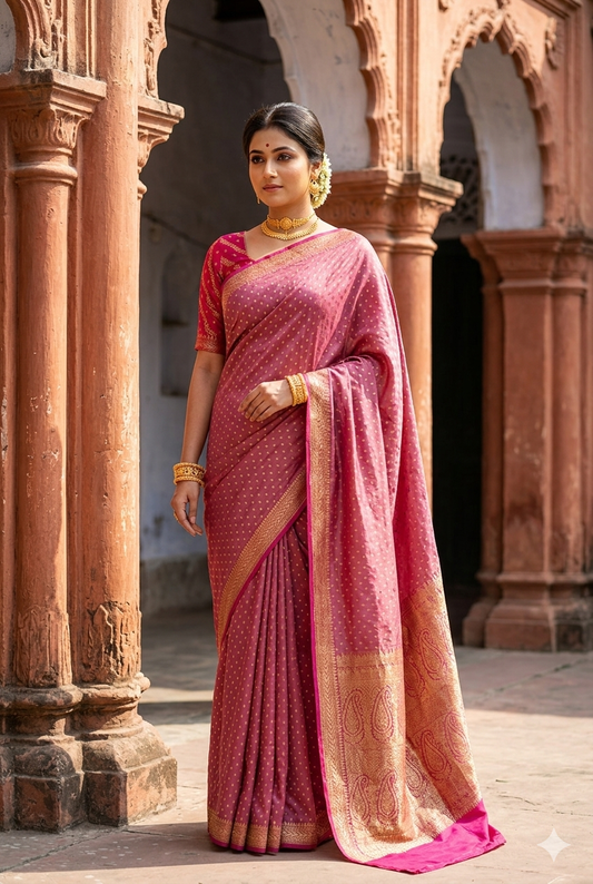 Mauve pink crepe Khaddi Banarasi silk saree with intricate gold patterns and matching unstiched blouse, traditional wear from Saarang Sarees.