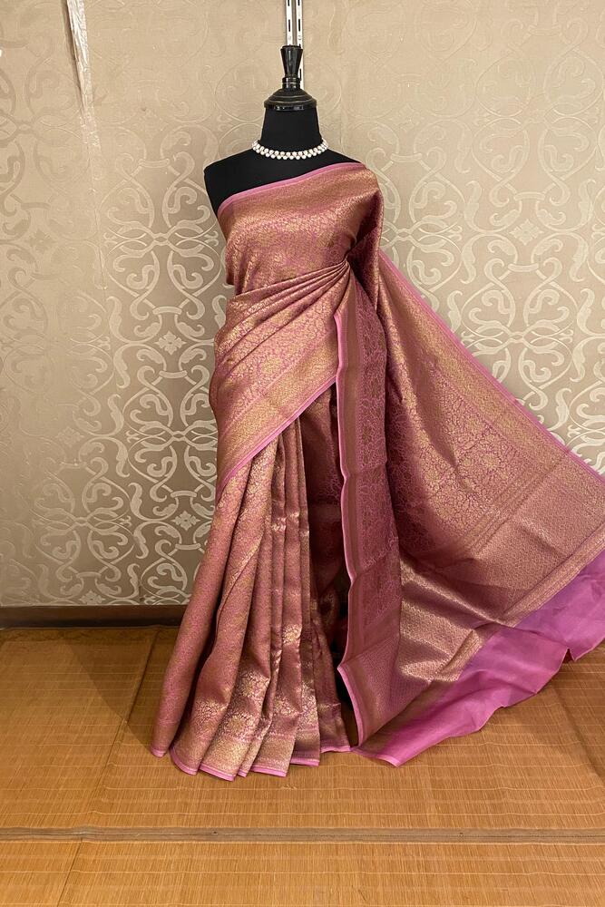 Purple Brocade Kora Banarasi Silk Saree, With Unstiched Blouse