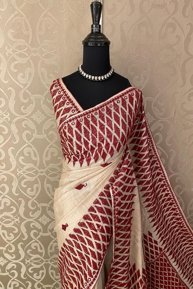 Off-White Tussar Embroidery Saree With Kathiawari Work Border, With Unstitched Blouse