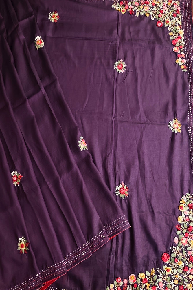 Deep Purple Semi Munga Silk French Knot Hand Embroidery Work Saree, With Unstiched Blouse