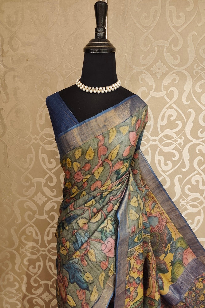 Grey Tussar Kalamkari Printed Work Saree, With Unstiched Blouse