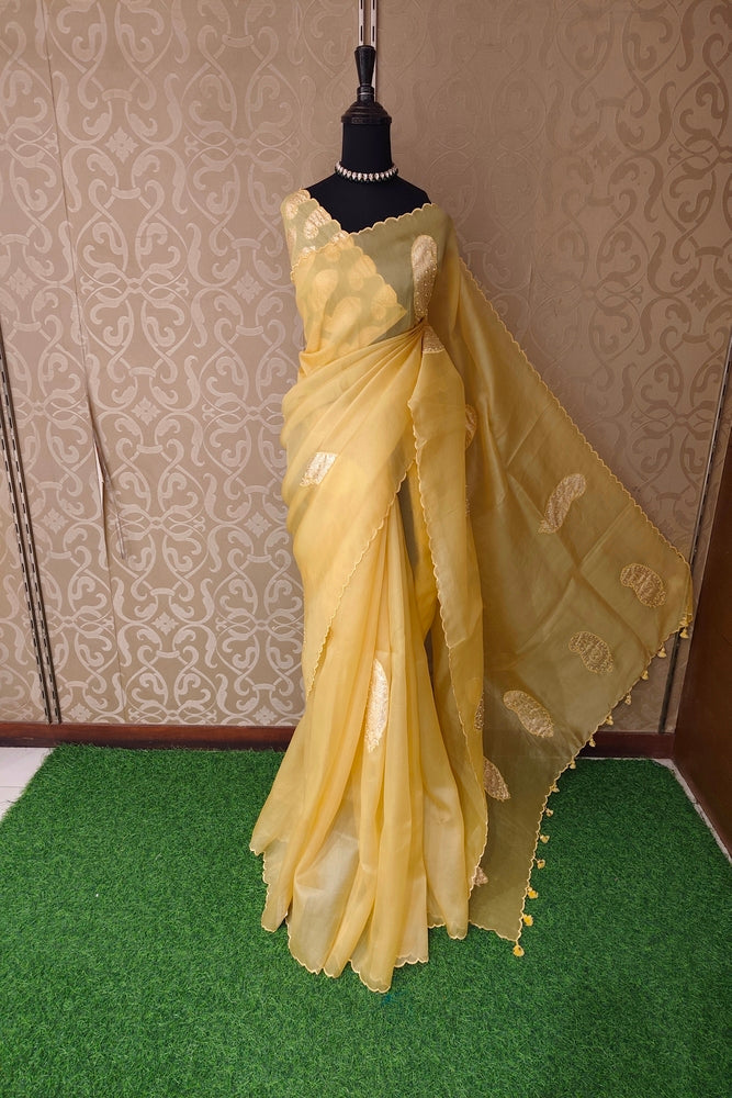 Yellow Organza Saree With Appliqué Work, With Two Unstitched Blouse