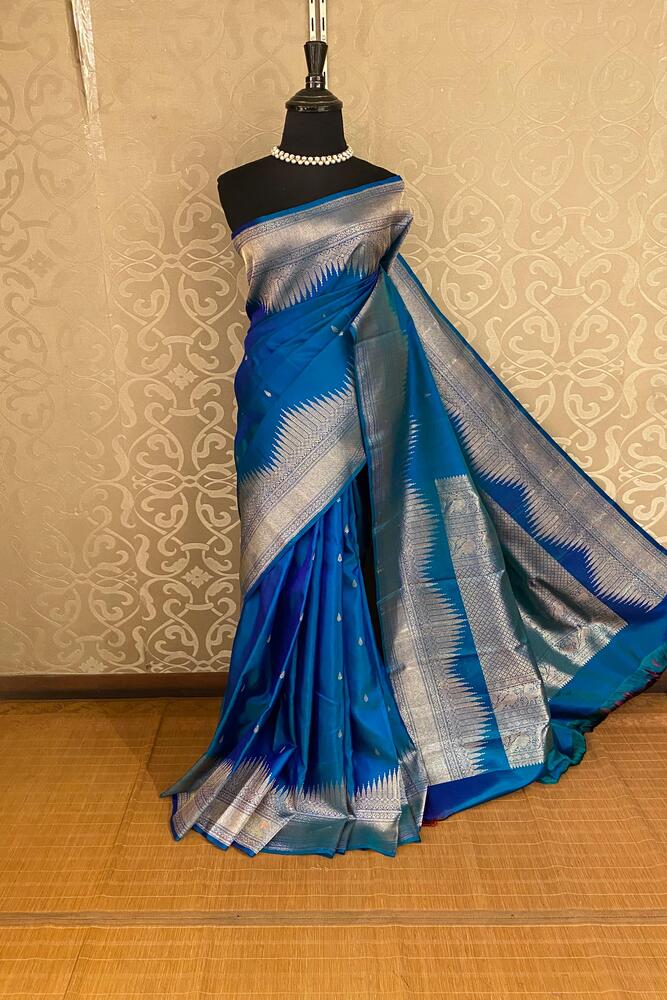 Blue Pure Kanjeevaram Silk Saree, With Unstiched Blouse