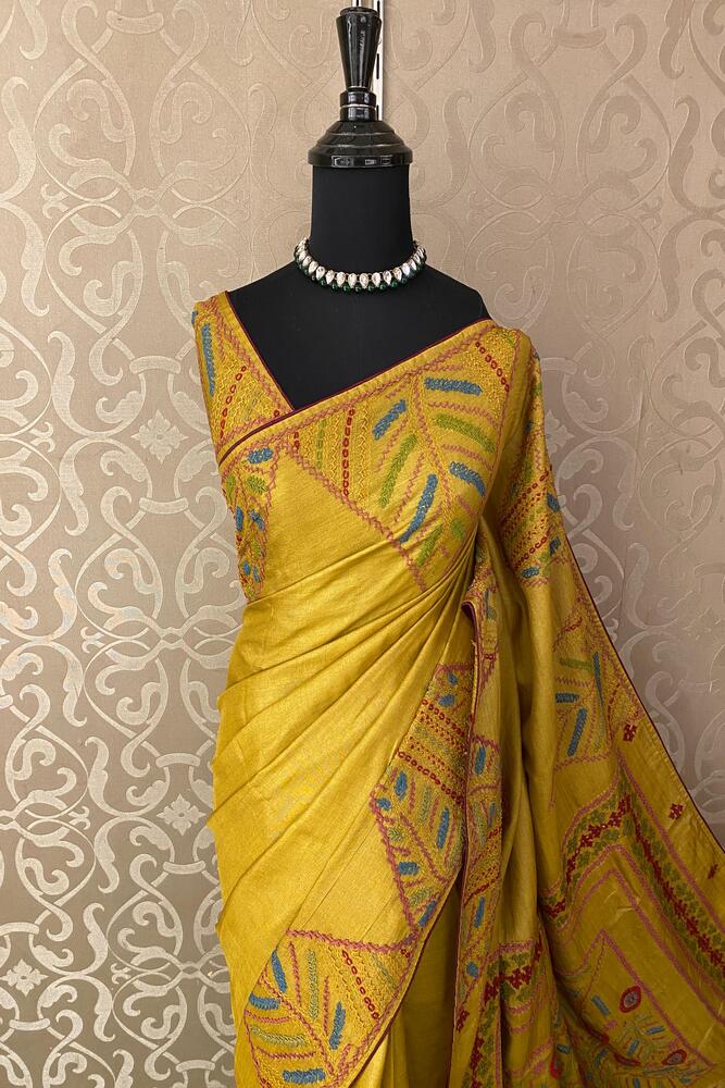 Mustard Yellow Tussar Embroidery Saree With Lambani Work Border, With Unstitched Blouse