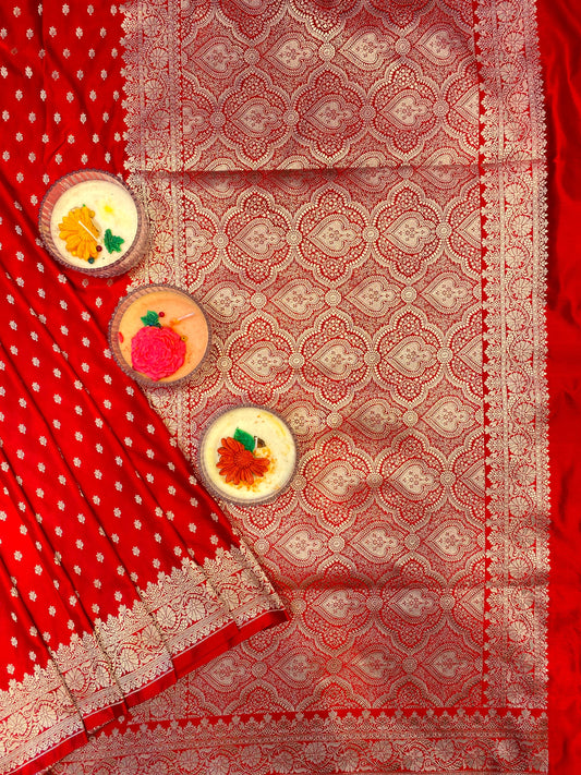 Cherry Red Semi Mashru Katan Silk Saree, With Unstiched Blouse