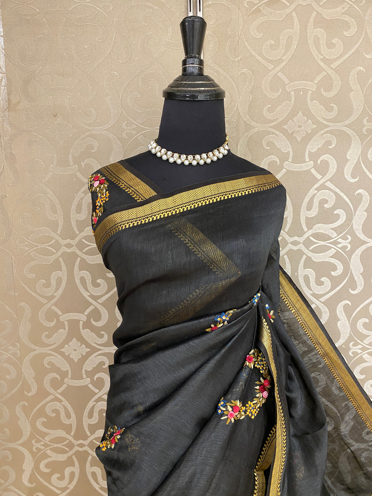 Black Linen Silk Saree Hand Embroidered Work, With Unstiched Blouse