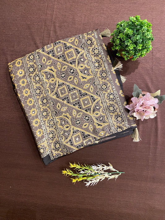 Deep grey Pure Modal Silk Ajrakh printed saree with embroidery and unstiched blouse, traditional wear by Saarang Sarees.