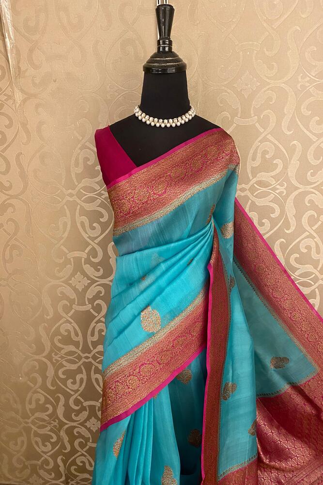 Sky Kora Banarasi Silk Saree, With Unstiched Blouse
