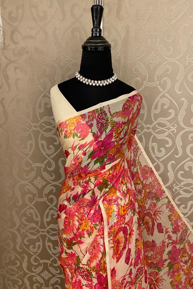Off-White Red Floral Printed Chiffon Saree, With Unstiched Blouse Piece