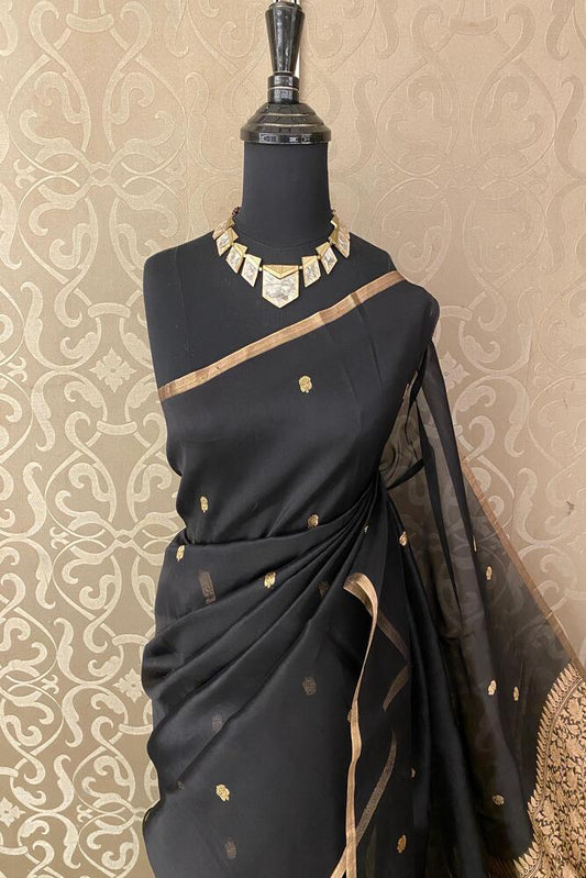 Black Kora Banarasi Silk Saree With Hand Weving Work, With Unstiched Blouse