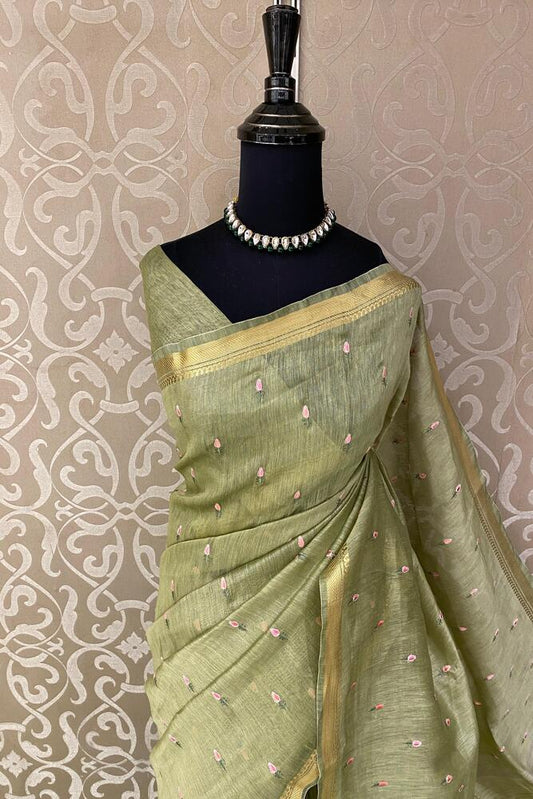 Pista green pure linen Kashmiri work saree with intricate embroidery and matching unstiched blouse, traditional wear by Saarang Sarees