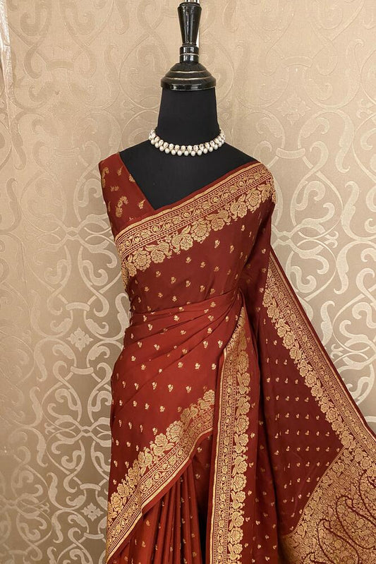 Deep Brown Mysore Crepe Silk Banarasi Saree, With Unstiched Blouse