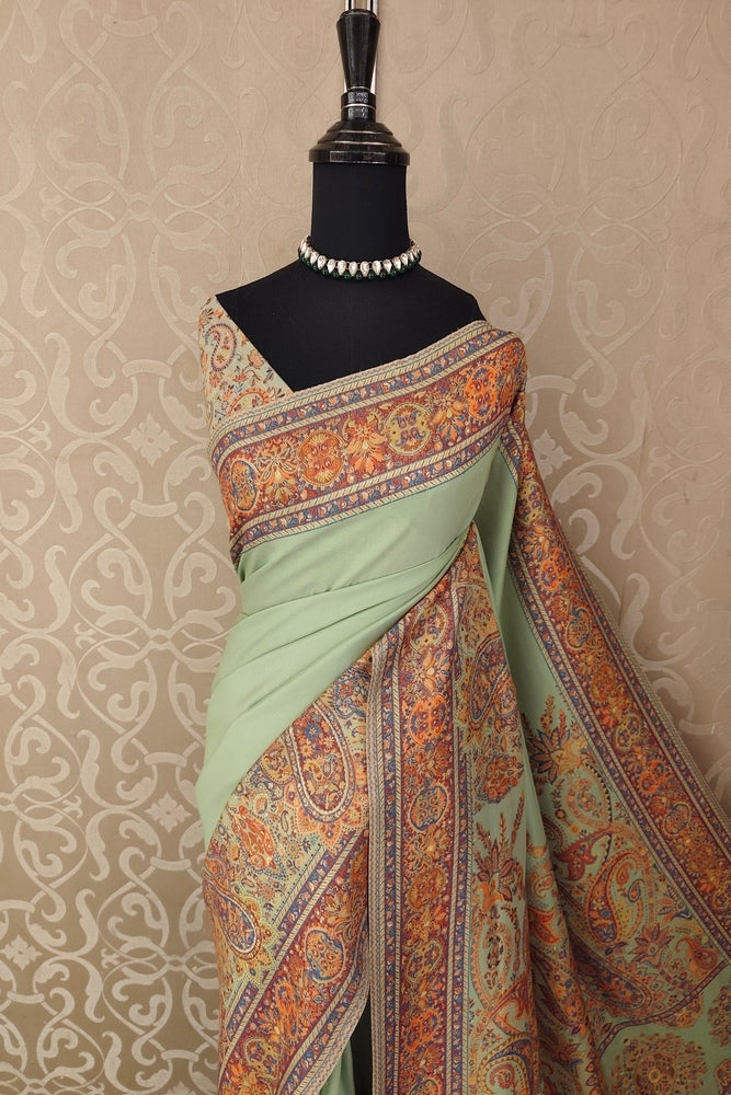 Firozy Green Pure Kani Handloom Silk Saree With Floral Woven Blouse
