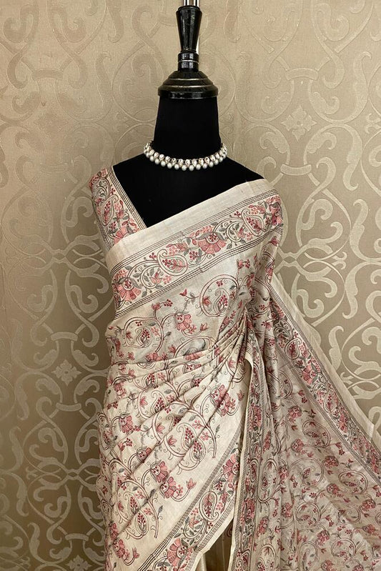 Beige Tussar Resham Embroidery Saree, With Unstiched Blouse