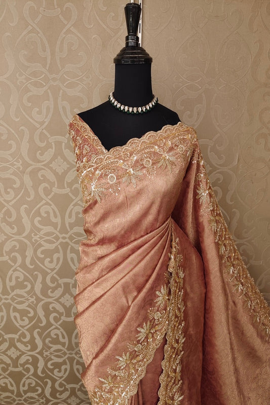 Golden Peach Tissue Kanjeevaram Silk Sarees With Embroidery Work, With Unstiched Blouse