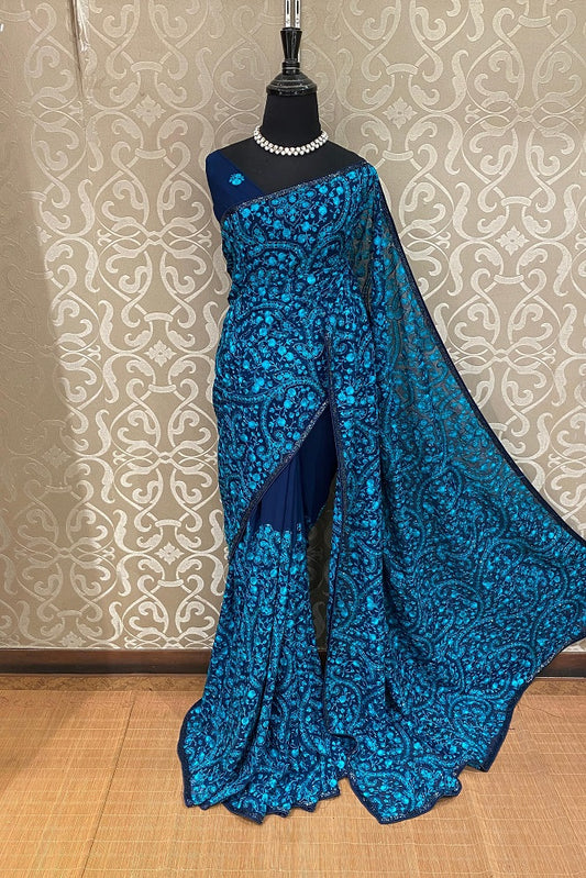 Navy Blue Georgette Saree With Kashmiri Work, With Unstiched Blouse