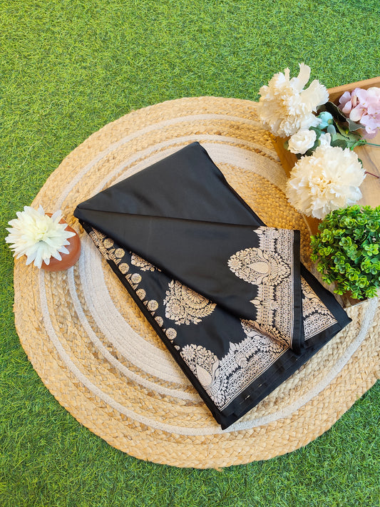 Black Semi Mashru Katan Silk Saree, With Unstiched Blouse