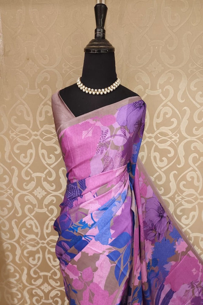 Purple & Multi Floral Printed Satin Crepe Saree, With Unstiched Blouse