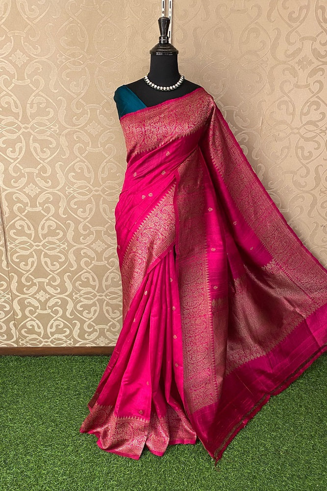 Rani Pure Raw Tussar Banarasi Silk Saree, Hand Woven Motifs With Unstiched Blouse