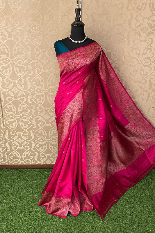 Rani Pure Raw Tussar Banarasi Silk Saree, Hand Woven Motifs With Unstiched Blouse