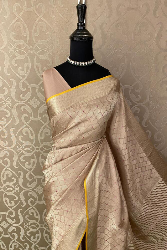 Beige Mysore Crepe Silk Banarasi Saree, With Unstiched Blouse