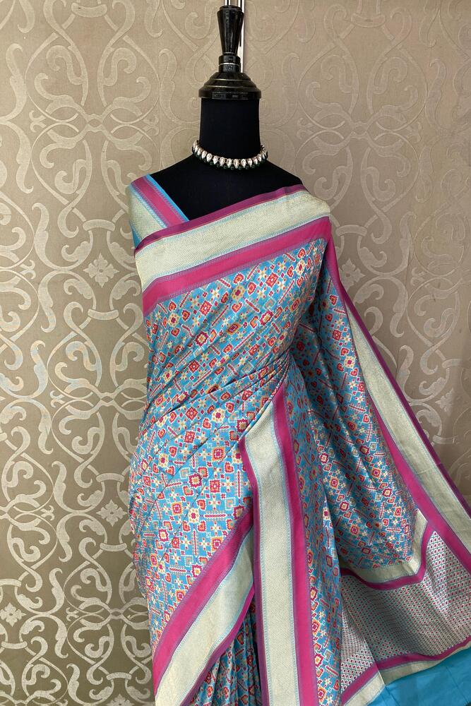 Sky & Multi Banarasi Silk Saree With Patola Concept, With Unstiched Blouse