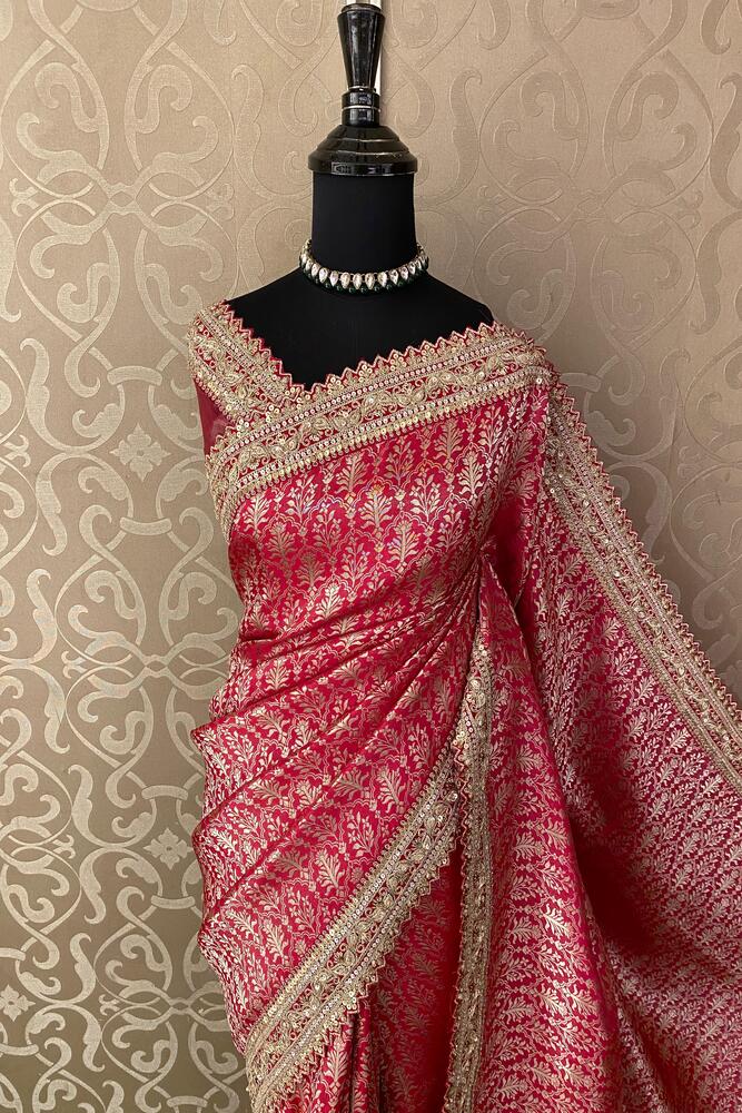 Rani Banarasi Silk Saree With Zardosi Embroidery Work, With Unstiched Blouse