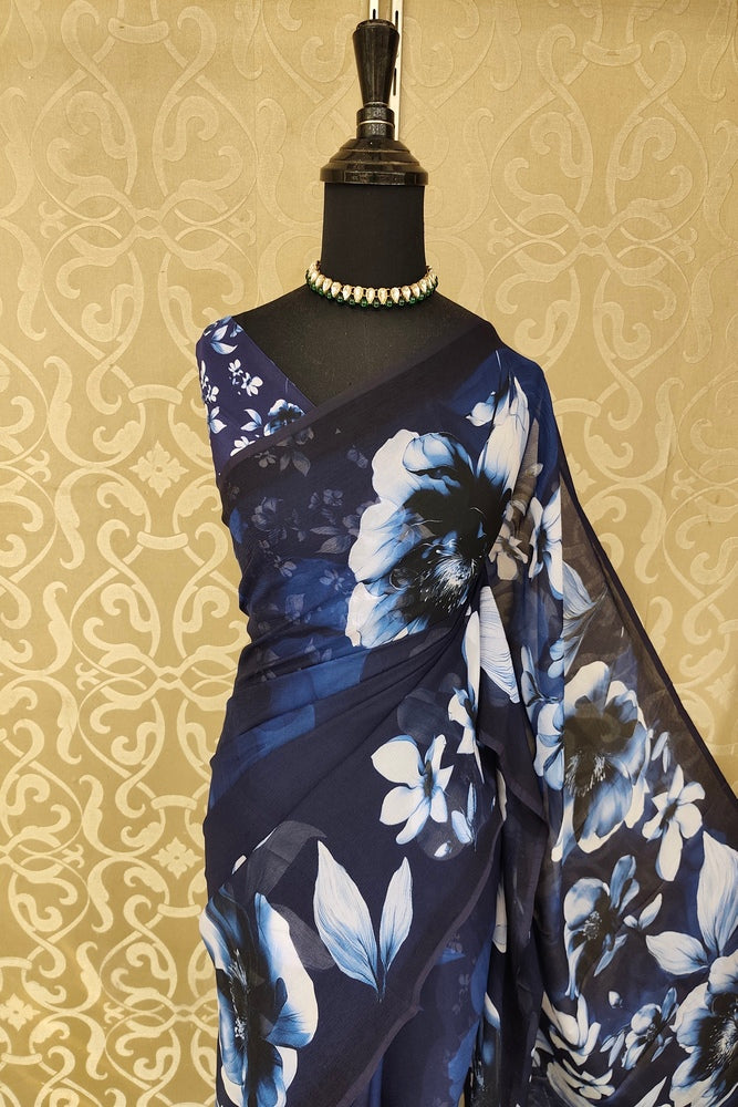 Dark Blue Floral Printed Chiffon Saree, With Unstiched Blouse Piece