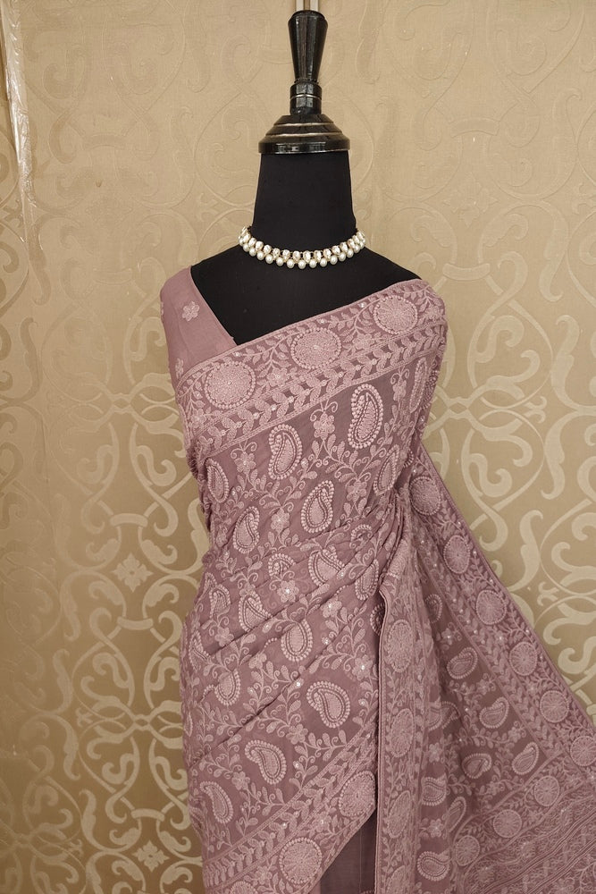 Dusty Purple Georgette Saree With Chikankari Embroidery, Unstitched Blouse