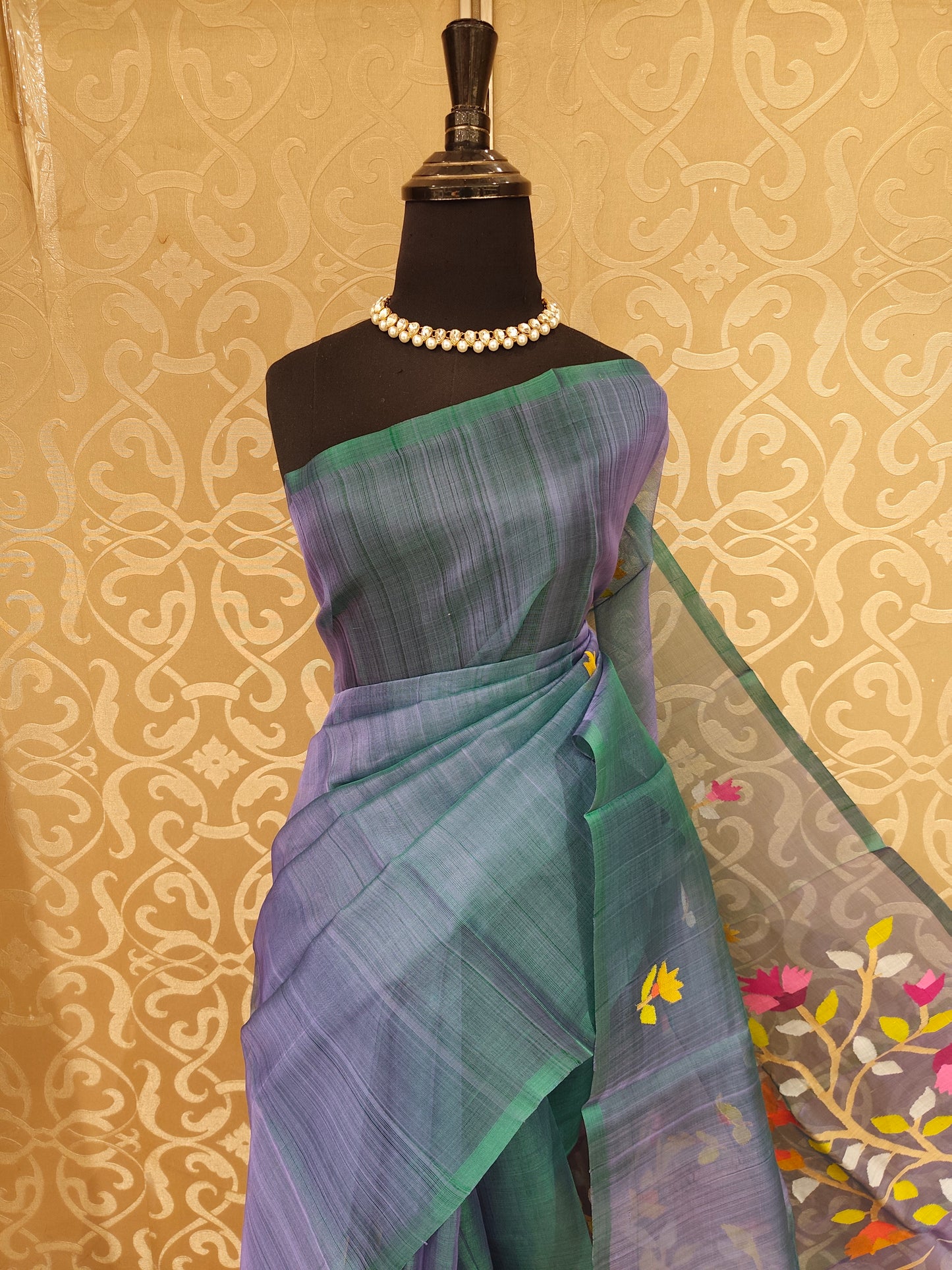 Purple & Green Gradient Muslin Dhakai Saree, Without Blouse