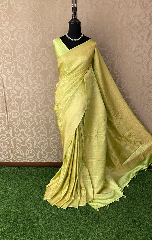 Lime Green Mashru Brocade Silk Saree With Unstiched Blouse