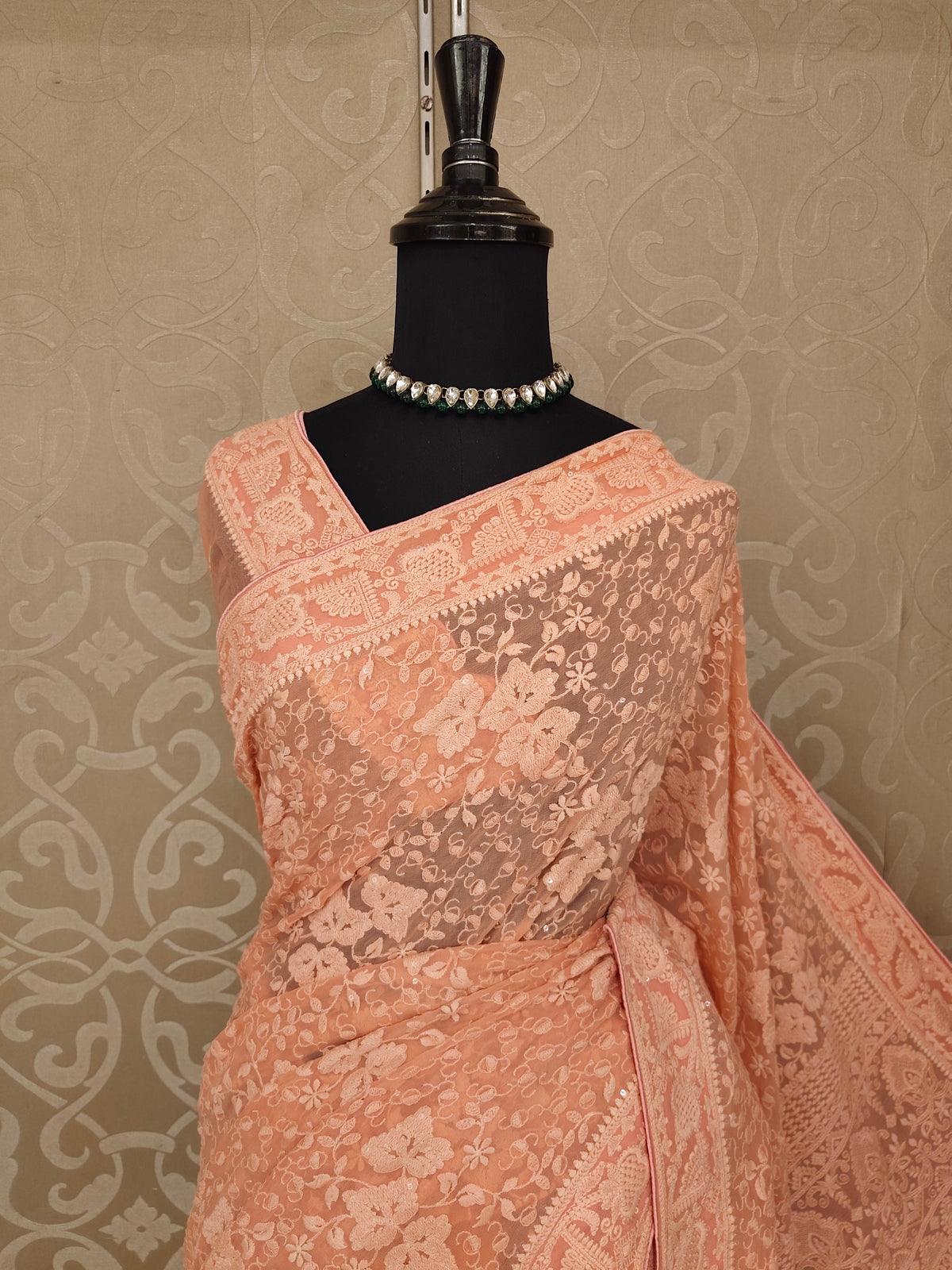 Peach Pink Georgette Chikankari Embroidery Saree, With Unstitched Blouse