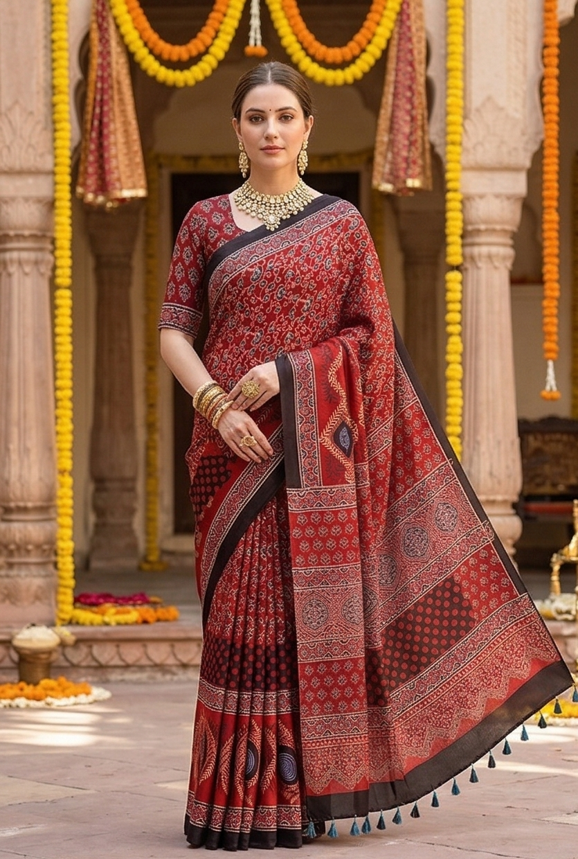 Red Pure Modal Silk Ajrakh Printed Saree With Unstiched Blouse