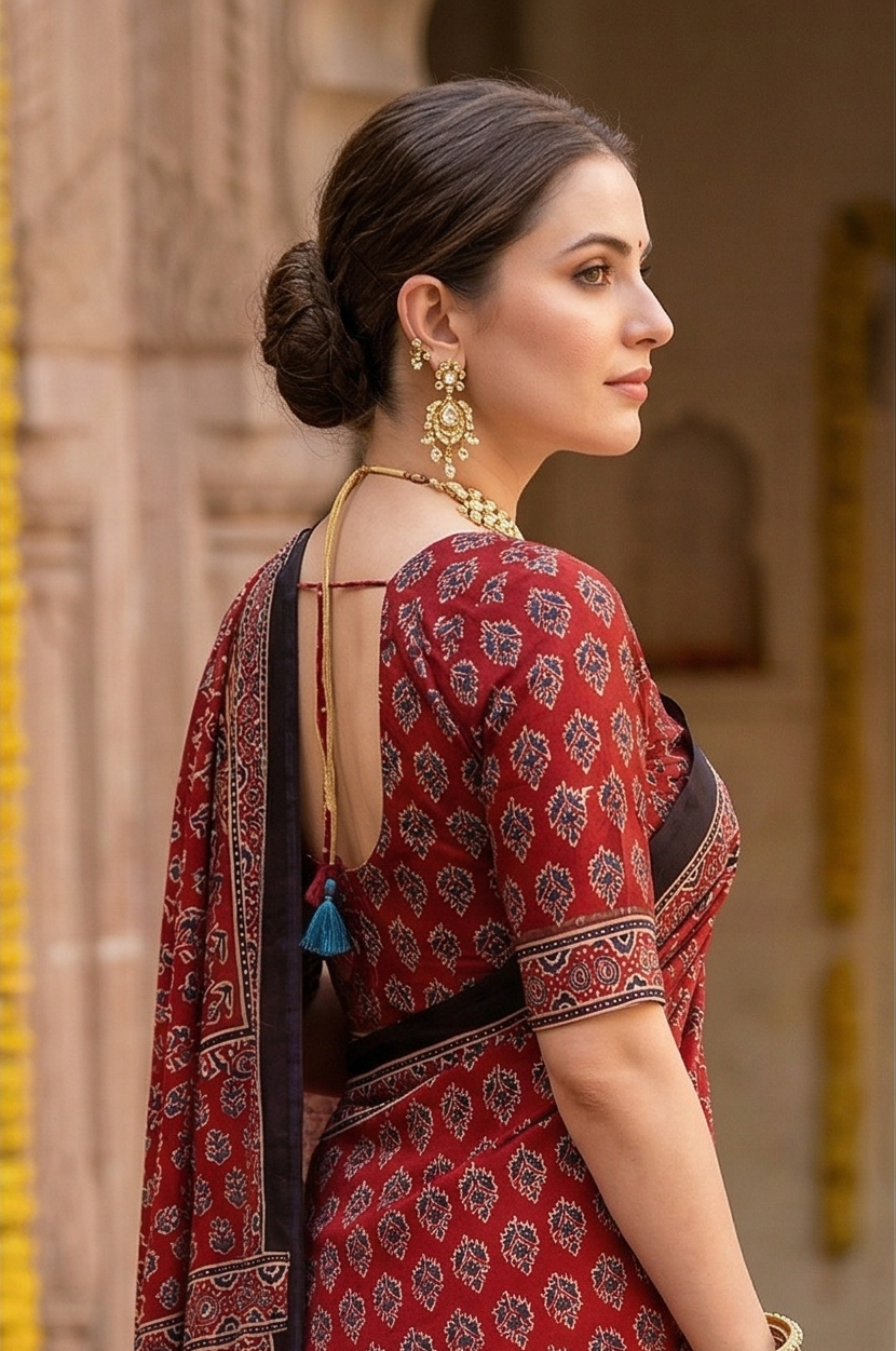 Red Pure Modal Silk Ajrakh Printed Saree With Unstiched Blouse