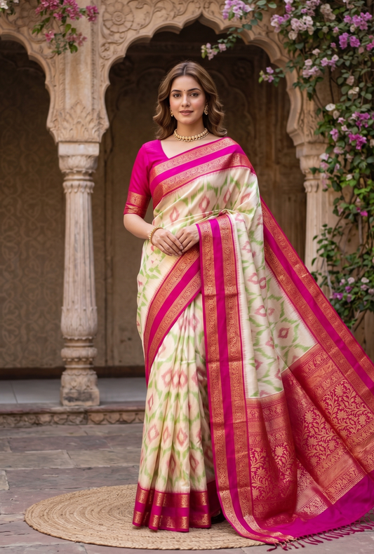 Off-White Coimbatore Silk Saree, With Unstiched Blouse