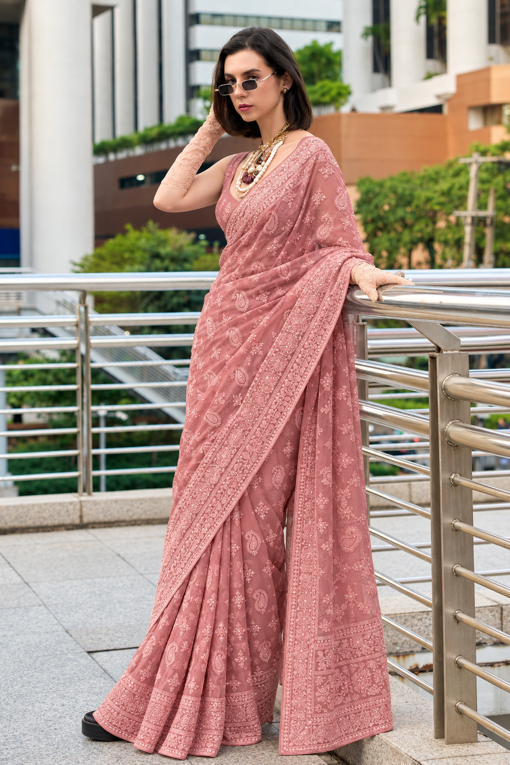 Pink Georgette Chikankari Embroidery Saree, With Unstitched Blouse