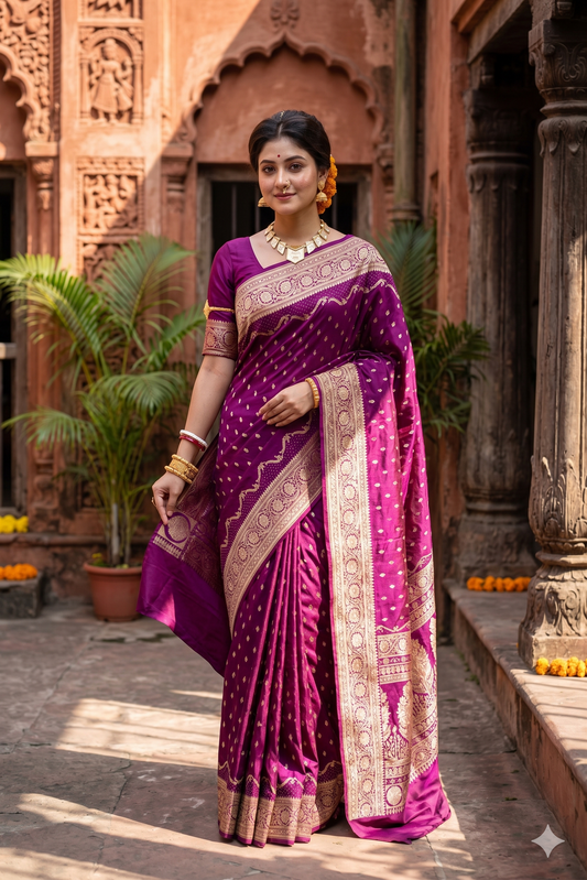 Deep purple Banarasi saree with stone work from Saarang Sarees, traditional wear, featuring intricate designs and unstiched blouse.