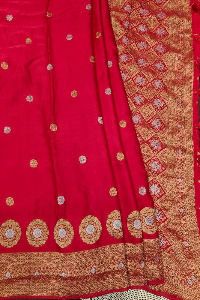 Red Semi Mashru Silk Sarees With Unstiched Blouse