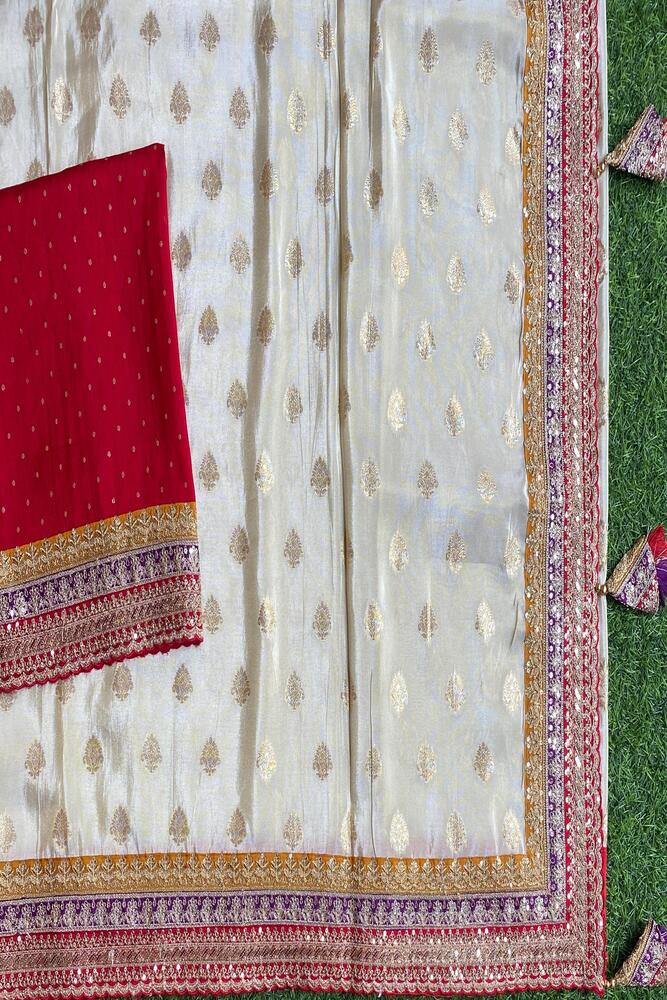 Off-White Gold Tissue Khaddi With Embroidery Border Saree, With Unstiched Blouse