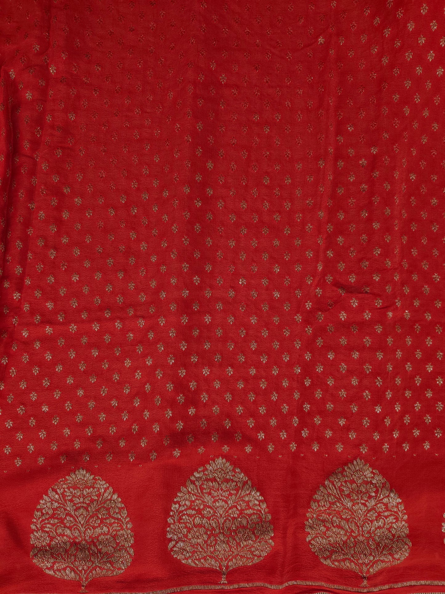 Cherry Red Mysore Crepe Silk Banarasi Saree, With Unstiched Blouse
