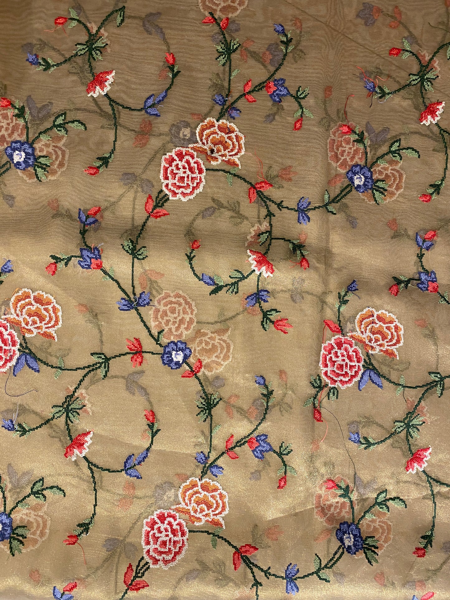 Golden Tissue Embroidery Saree, With Unstiched Blouse