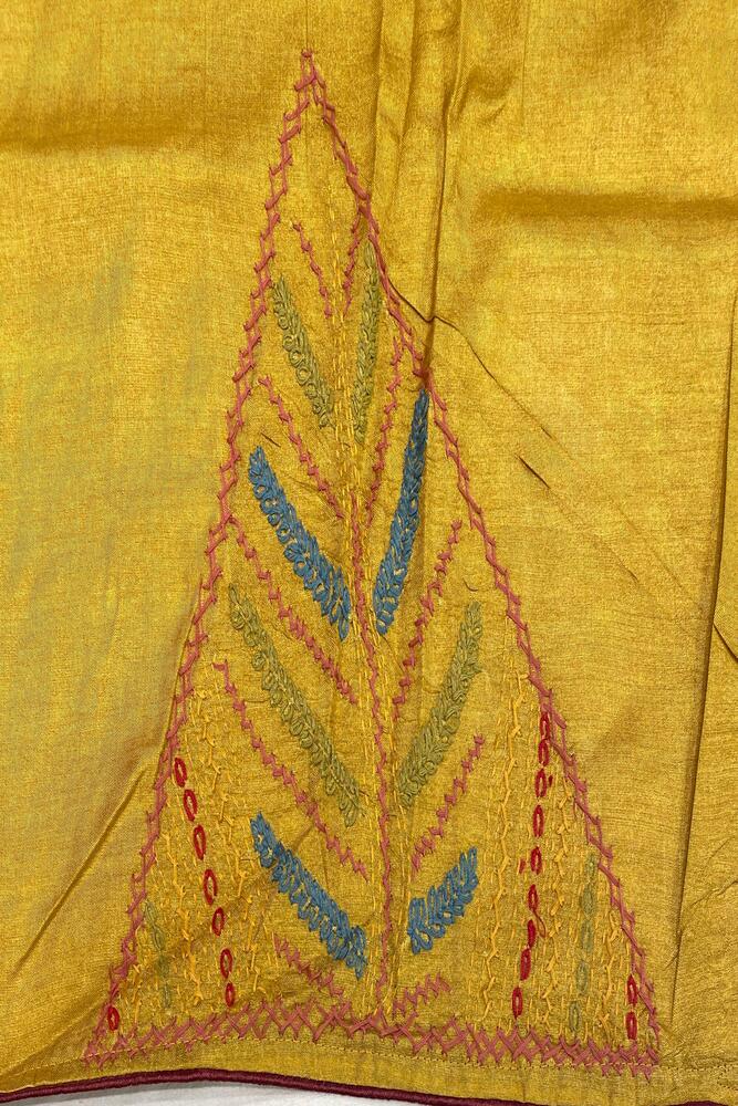 Mustard Yellow Tussar Embroidery Saree With Lambani Work Border, With Unstitched Blouse