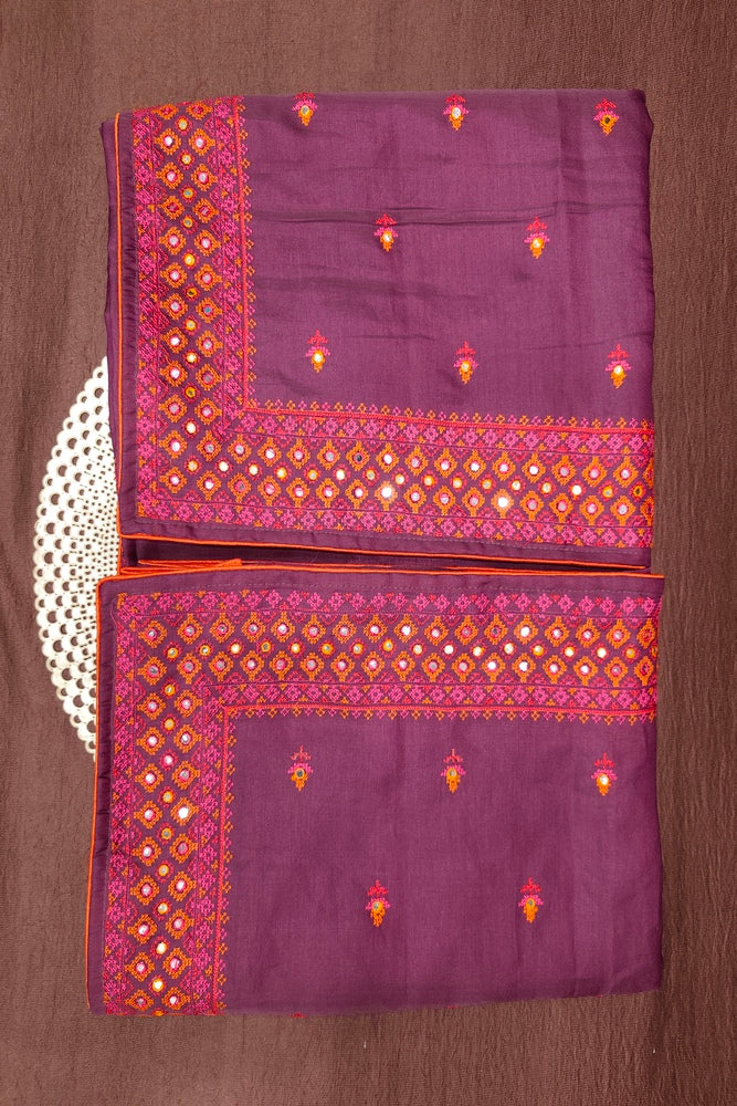 Deep Purple Semi Munga Silk Cross Stitch Work Saree, With Unstiched Blouse