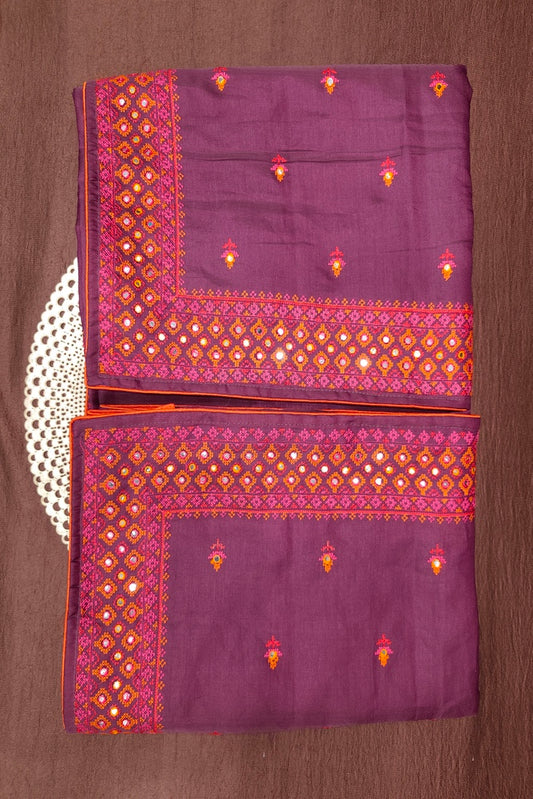 Deep Purple Semi Munga Silk Cross Stitch Work Saree, With Unstiched Blouse